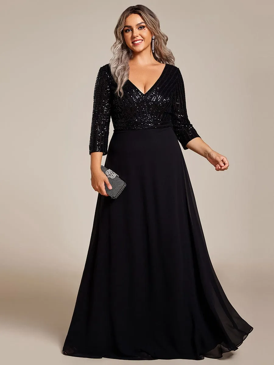 Plus Size V Neck A-Line Sequin Formal Evening Dress with Sleeve