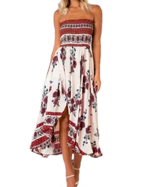 Red Floral Print Strapless One Piece Dress