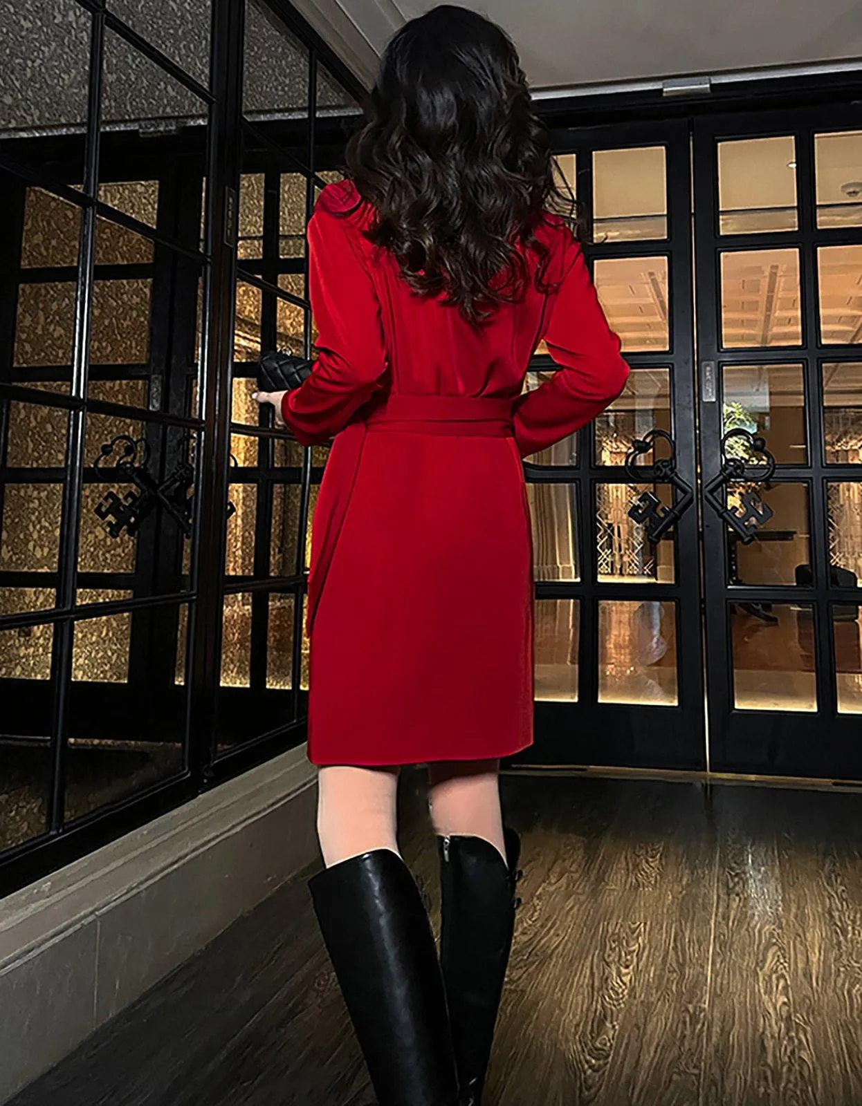 Red Long Sleeve Belted Blazer Sheath Dress