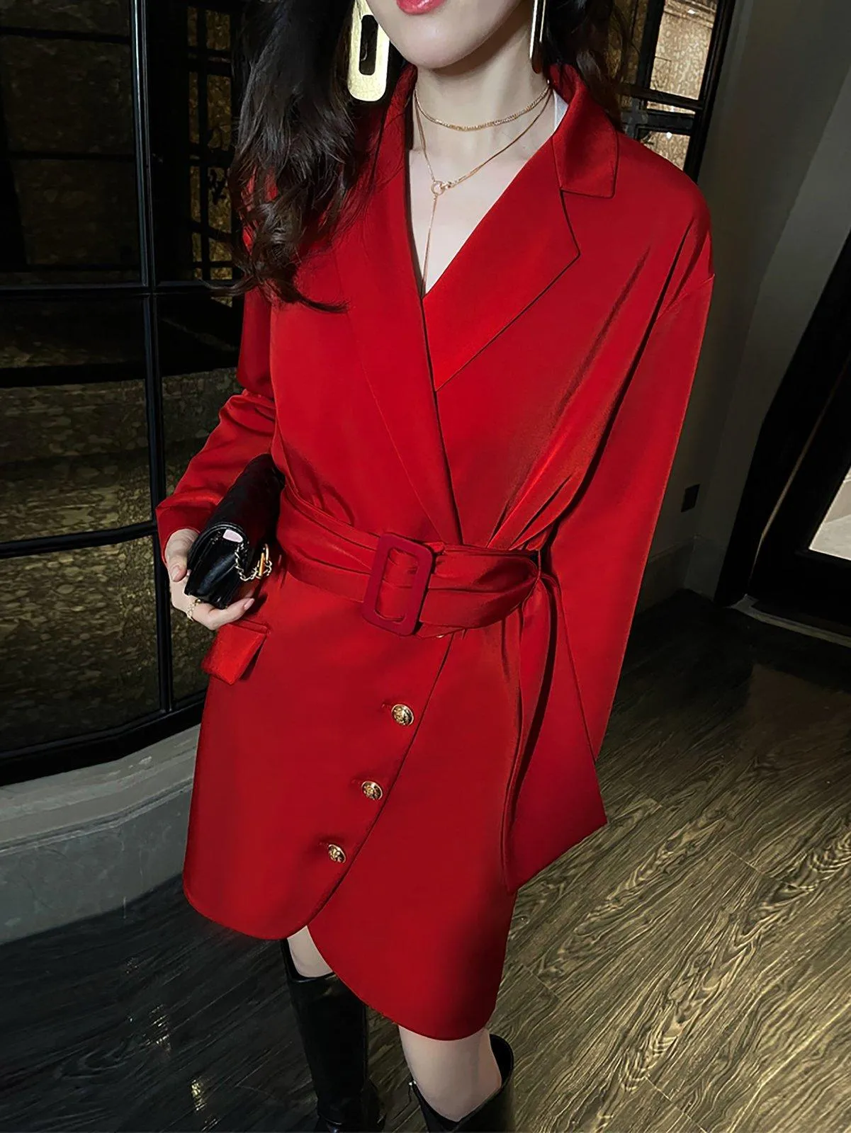 Red Long Sleeve Belted Blazer Sheath Dress