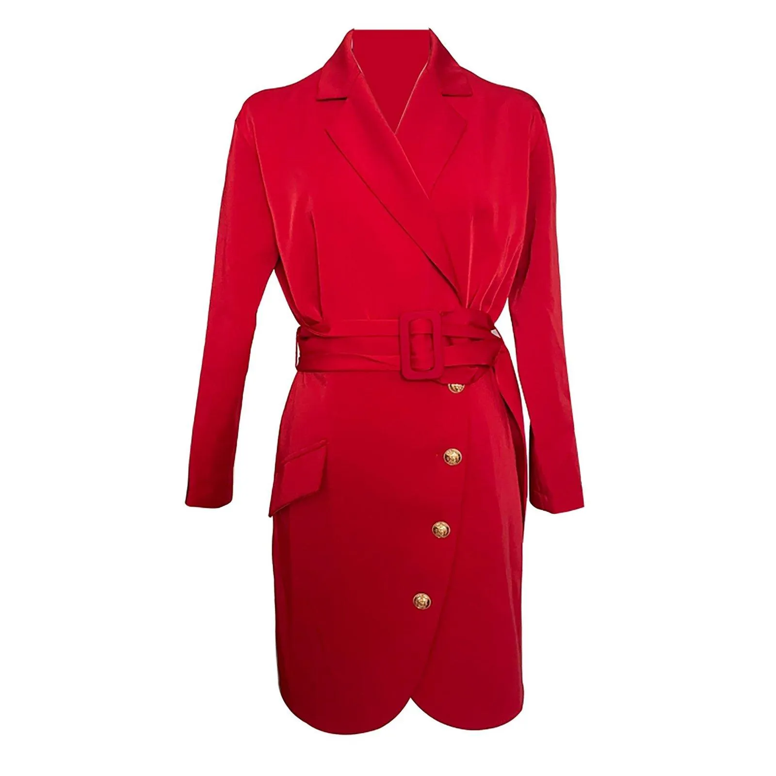 Red Long Sleeve Belted Blazer Sheath Dress