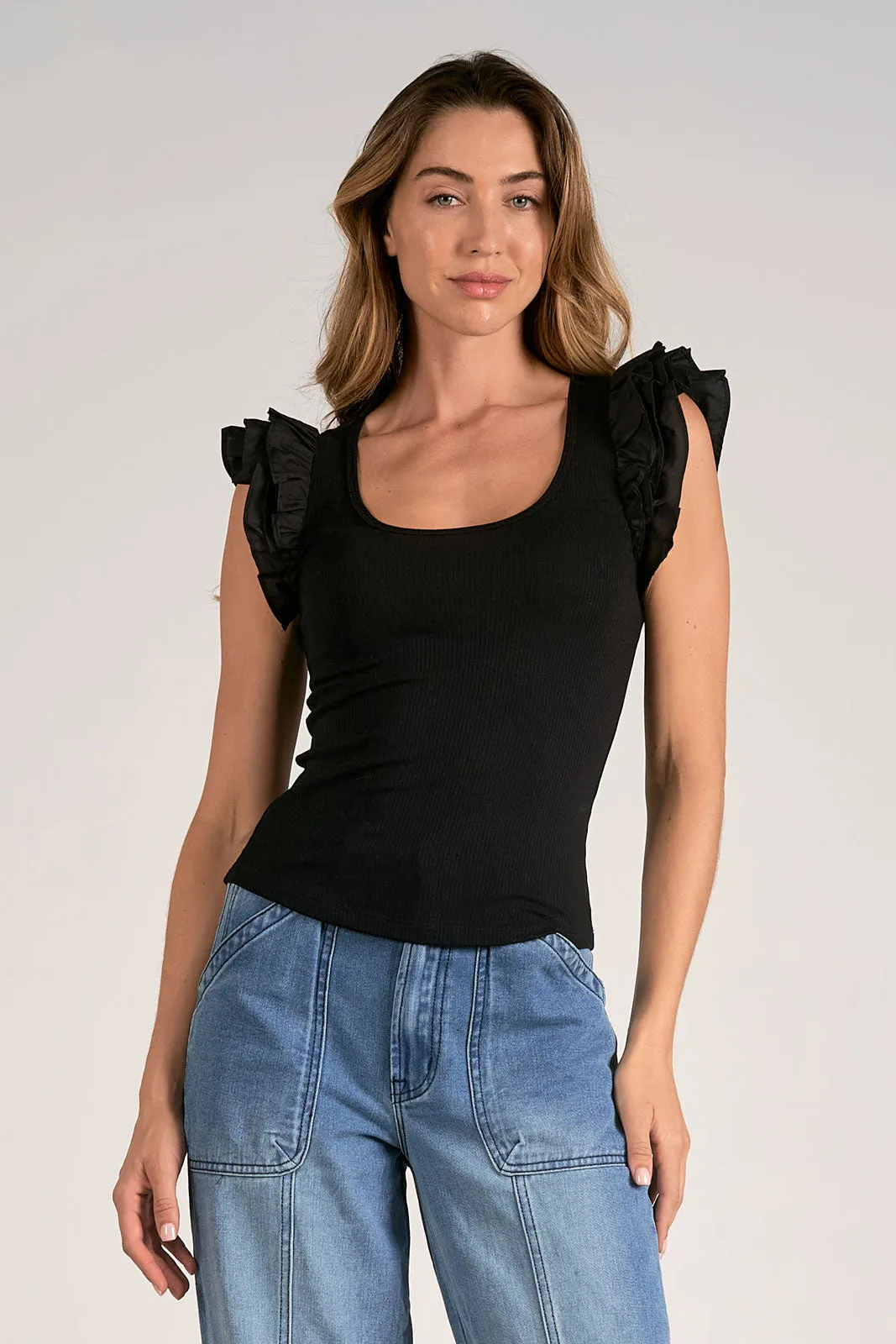 Ruffle Shoulder Ribbed Tee