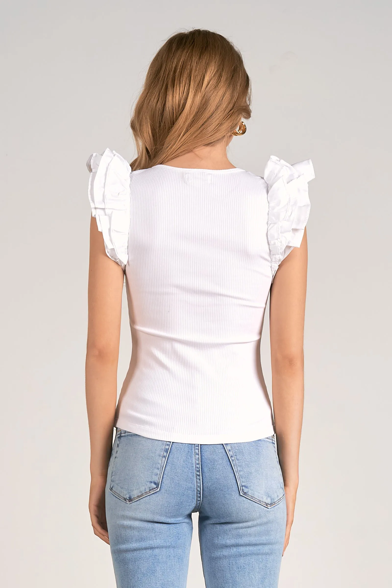 Ruffle Shoulder Ribbed Tee