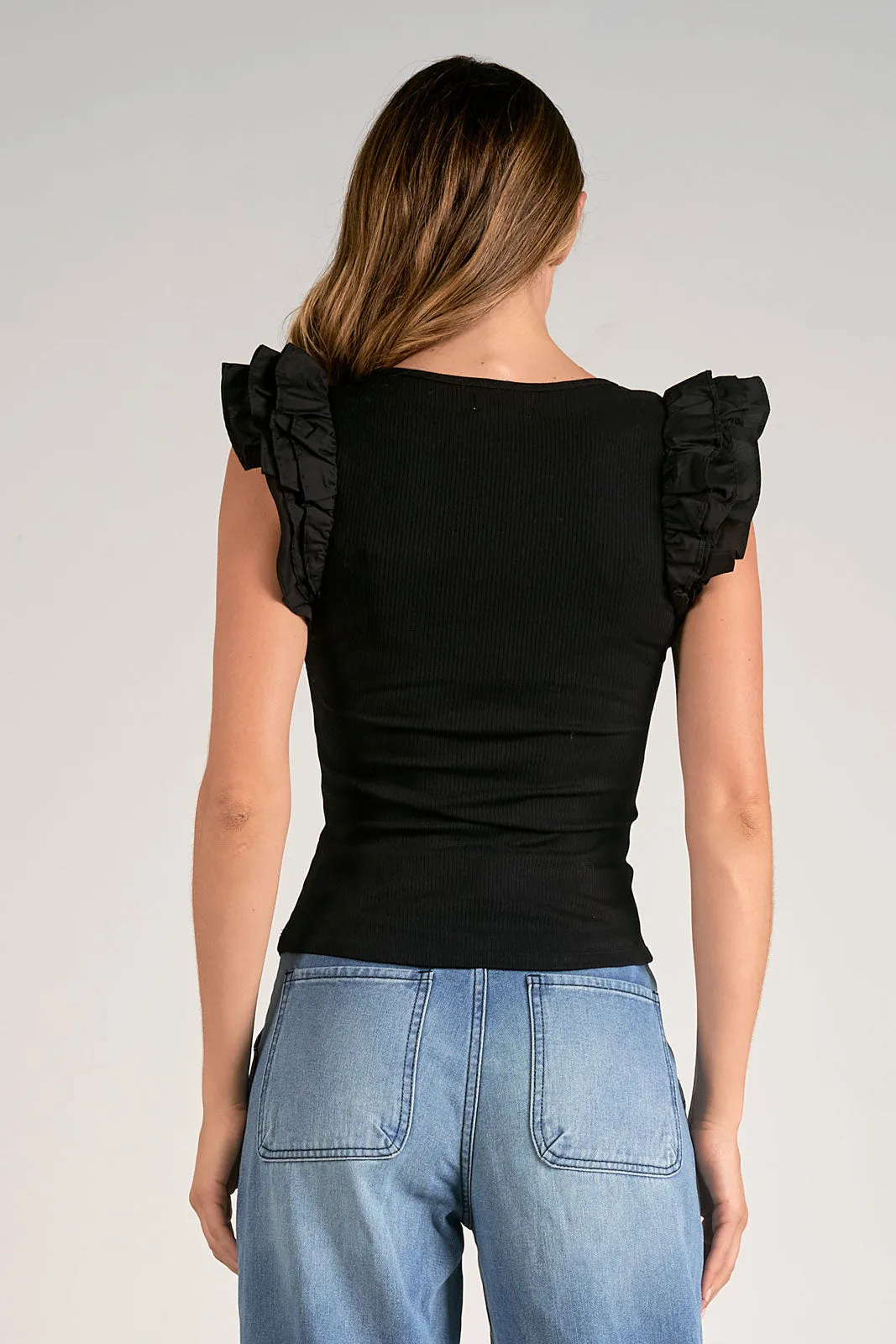 Ruffle Shoulder Ribbed Tee