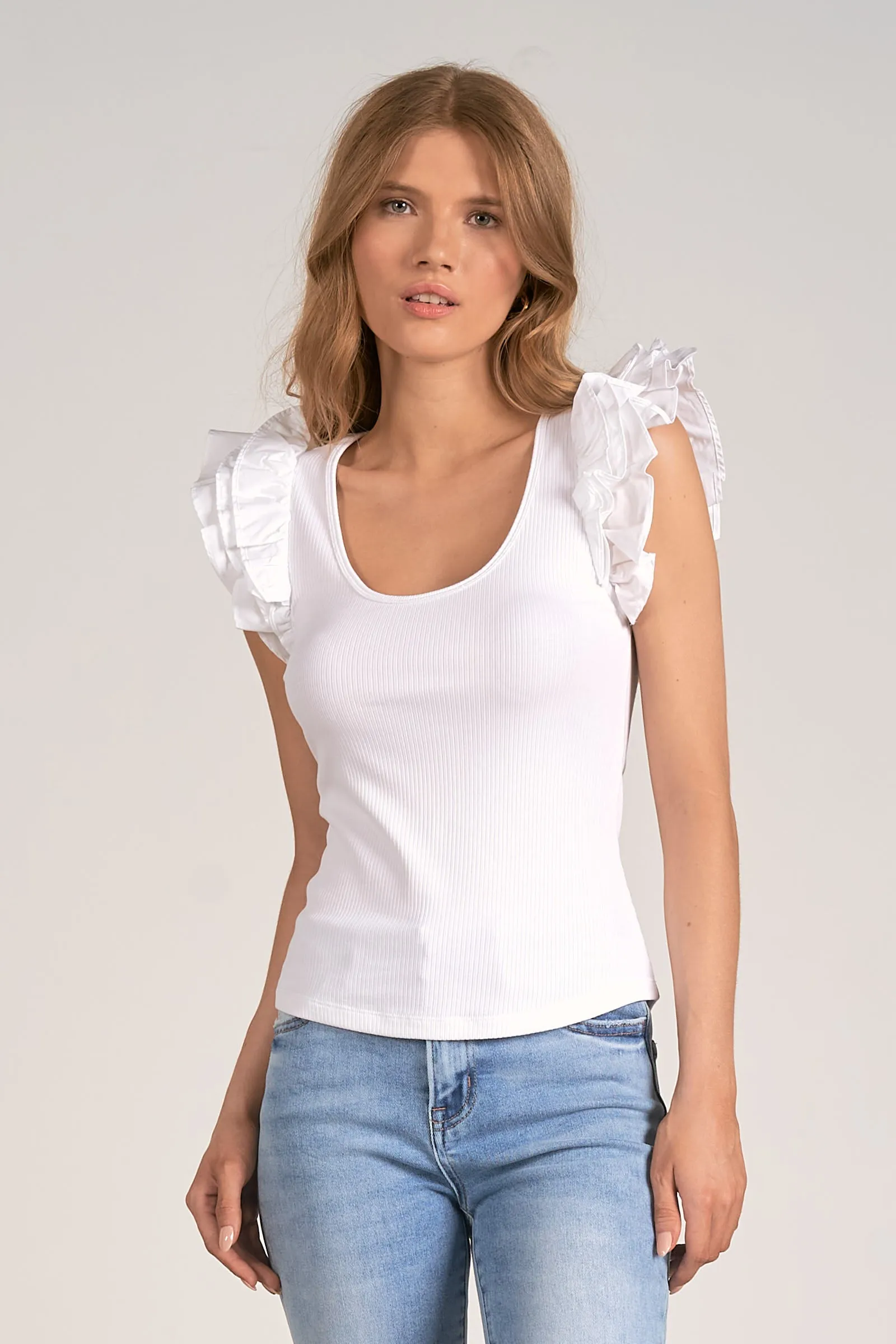 Ruffle Shoulder Ribbed Tee