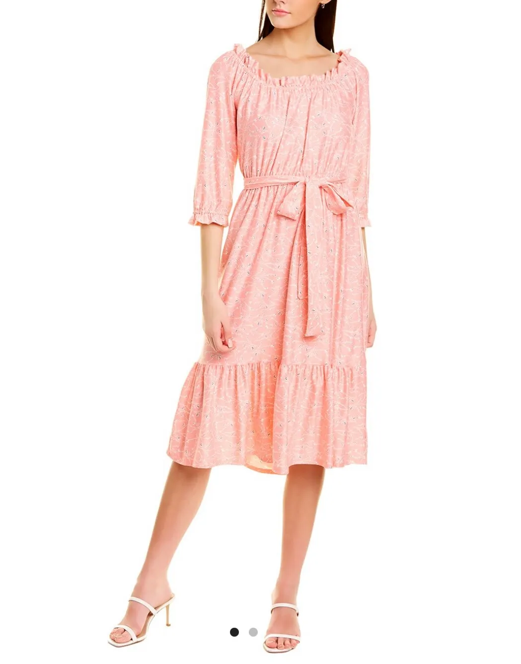 Ruffled Printed Dress with elastic waist and self belt in tiny pink flower print