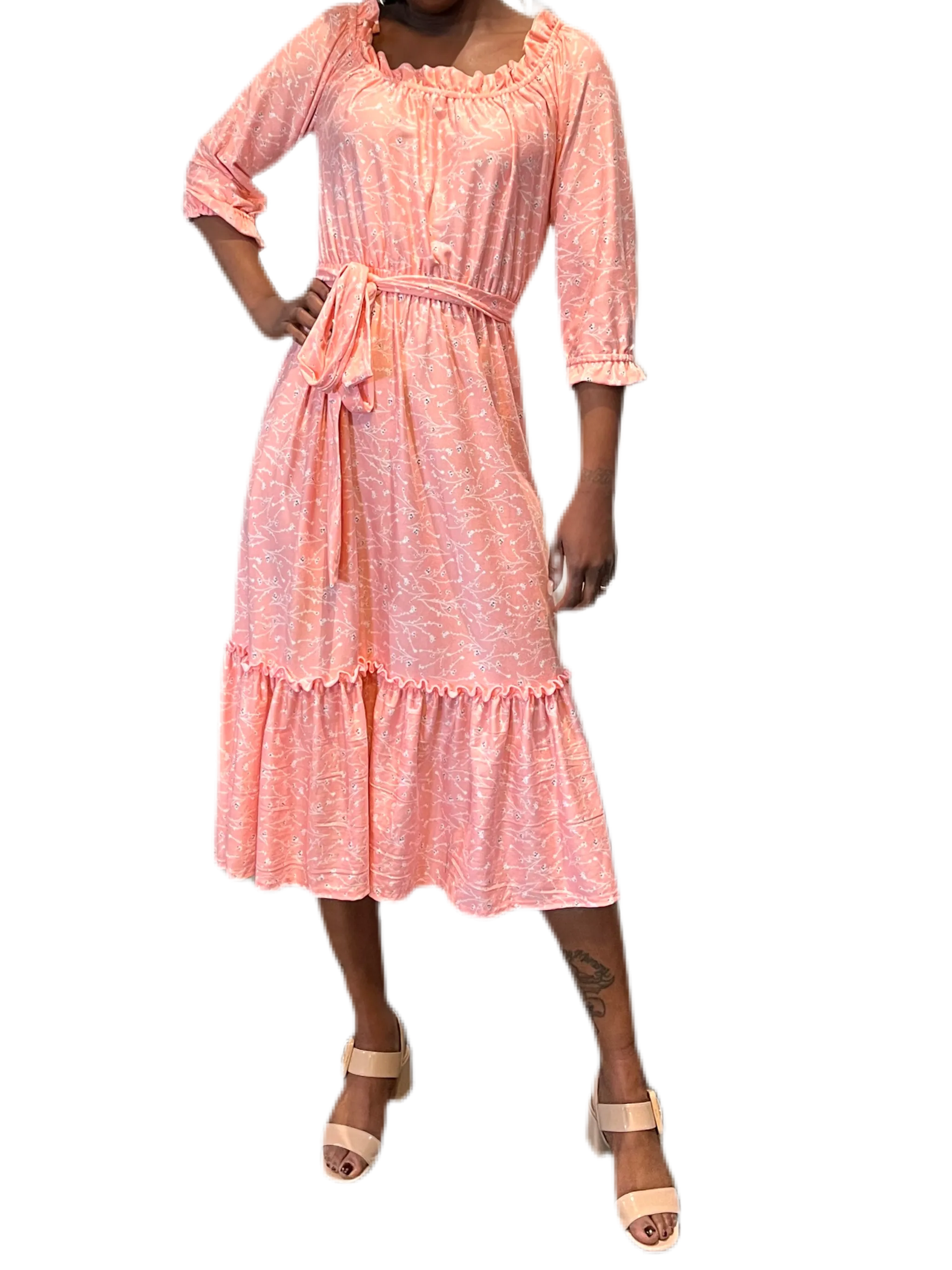 Ruffled Printed Dress with elastic waist and self belt in tiny pink flower print