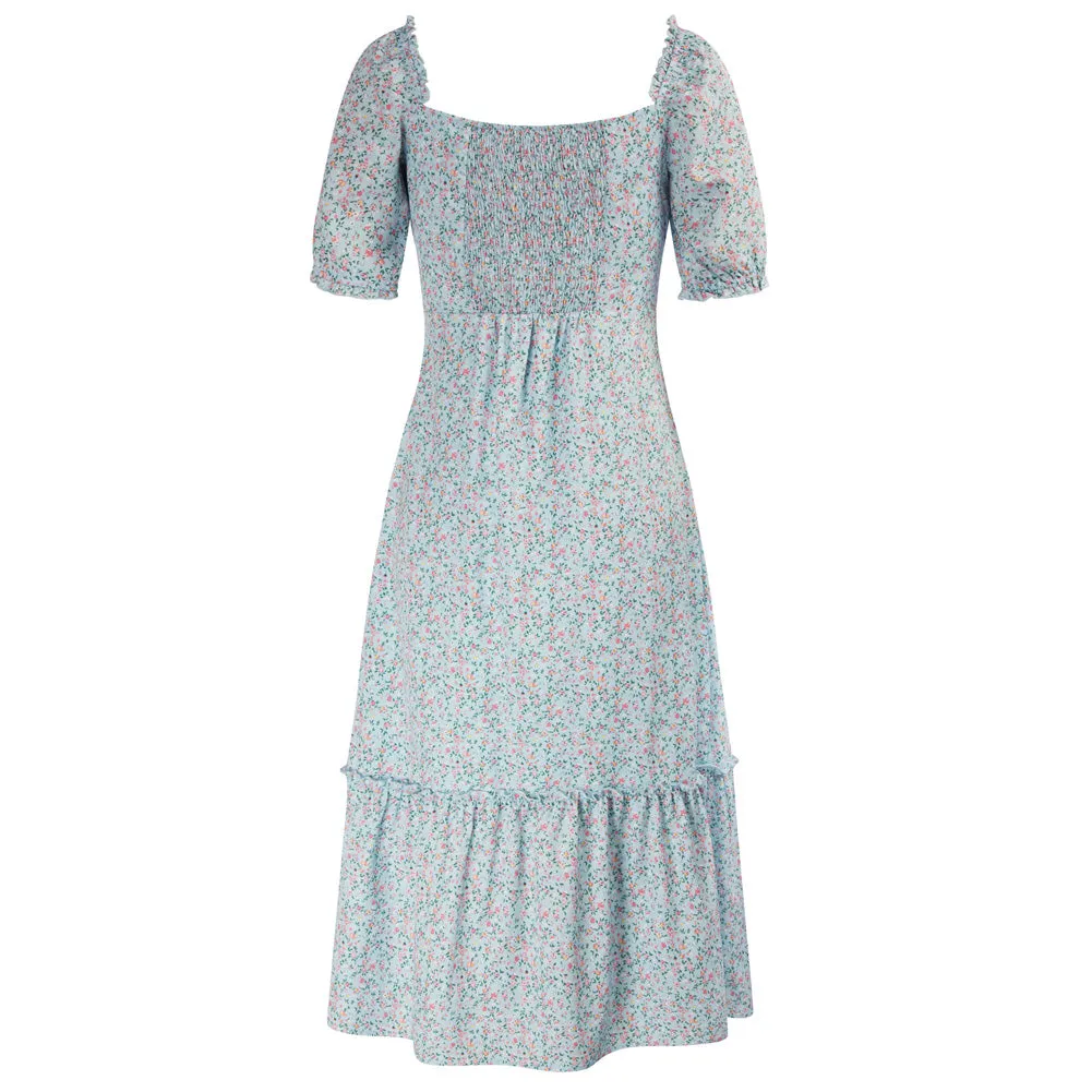 Seckill Offer⌛Floral Printed Two-Way Wear Short Sleeve Square Neck/Off Shoulder A-Line Dress