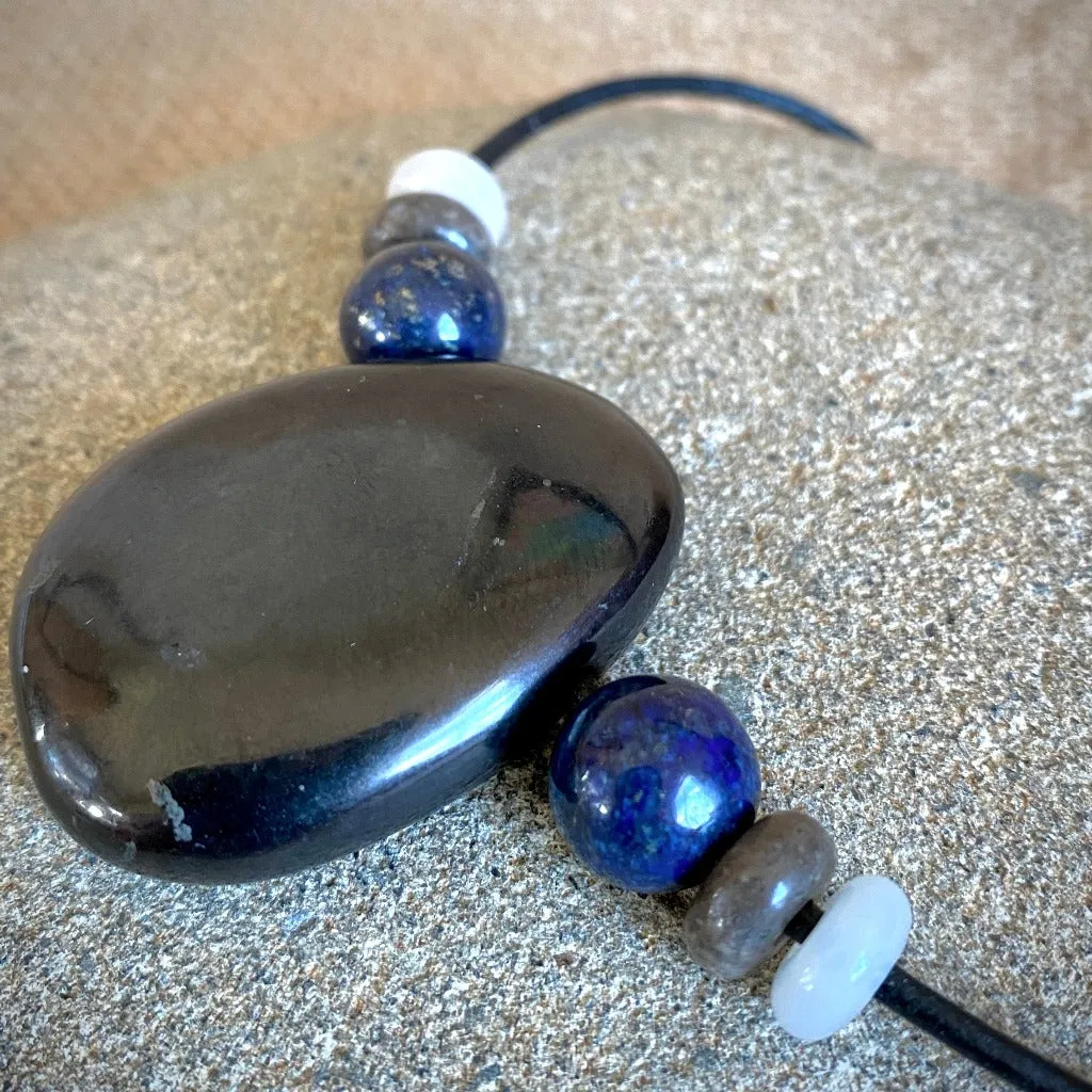 Shungite Medallion Unisex Necklace w/Lapis, Fossilized Coral, & Moonstone