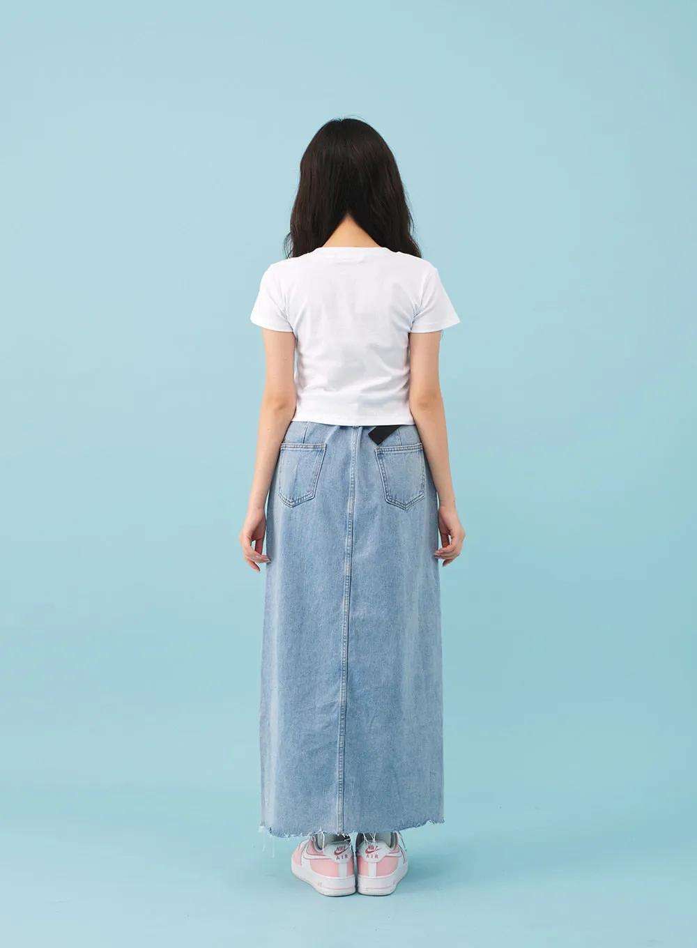 Side Slit Belted Denim Maxi Skirt BJ08