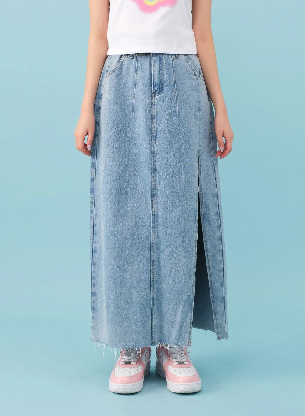 Side Slit Belted Denim Maxi Skirt BJ08