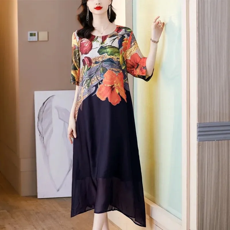 Spring and Summer Foreign Silkworm Printed Round Neck Short-Sleeved Silk Dress B-94811