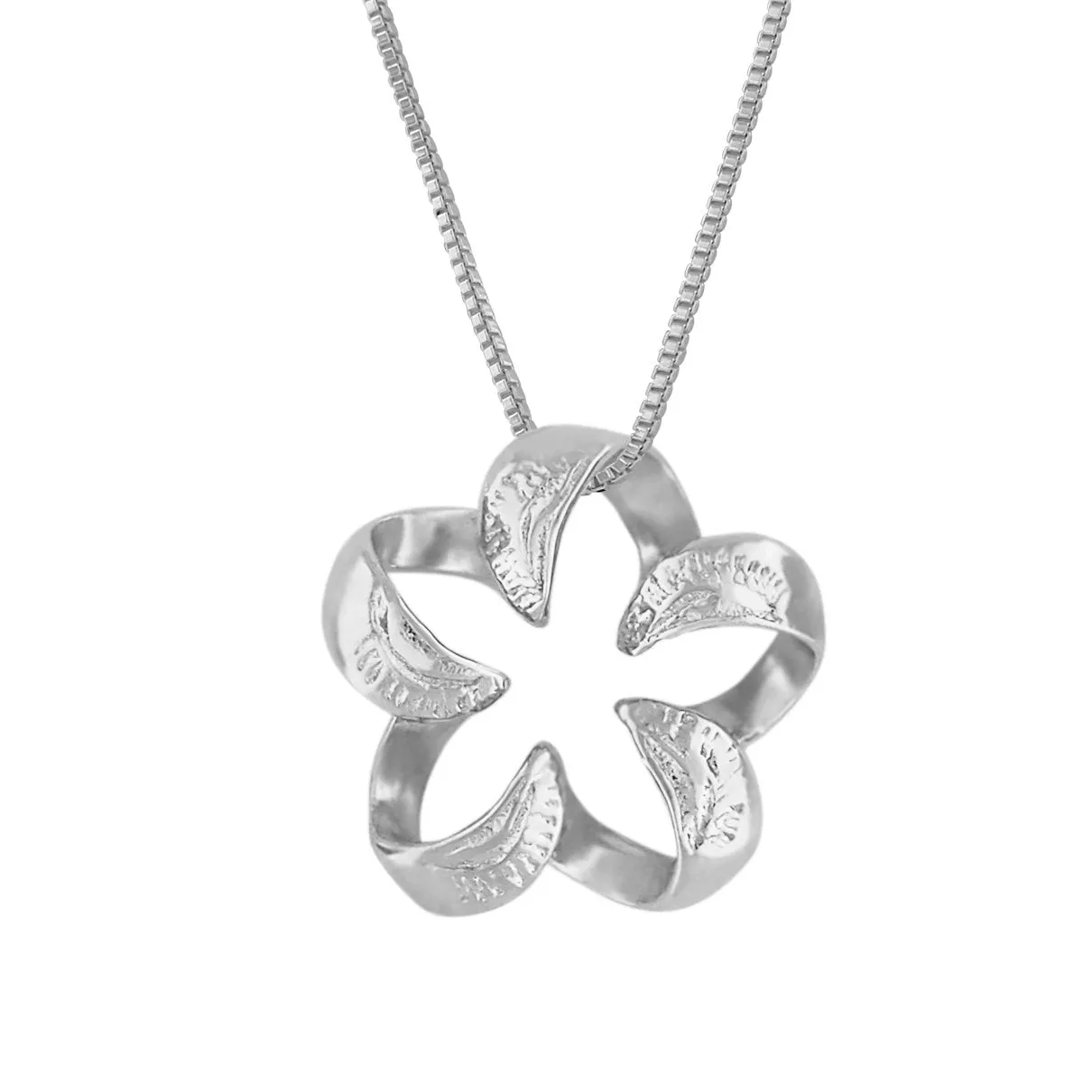 Sterling Silver Engraved Small Open Plumeria Pendant Necklace, 16 2" Extender