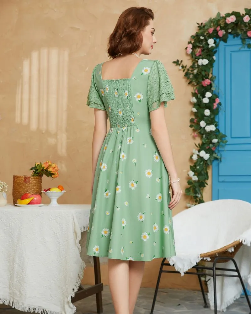 Summer Short Puff Sleeve Cocktail Floral Patterns Dress Vintage V-Neck A Line Swing Dresses with Belts