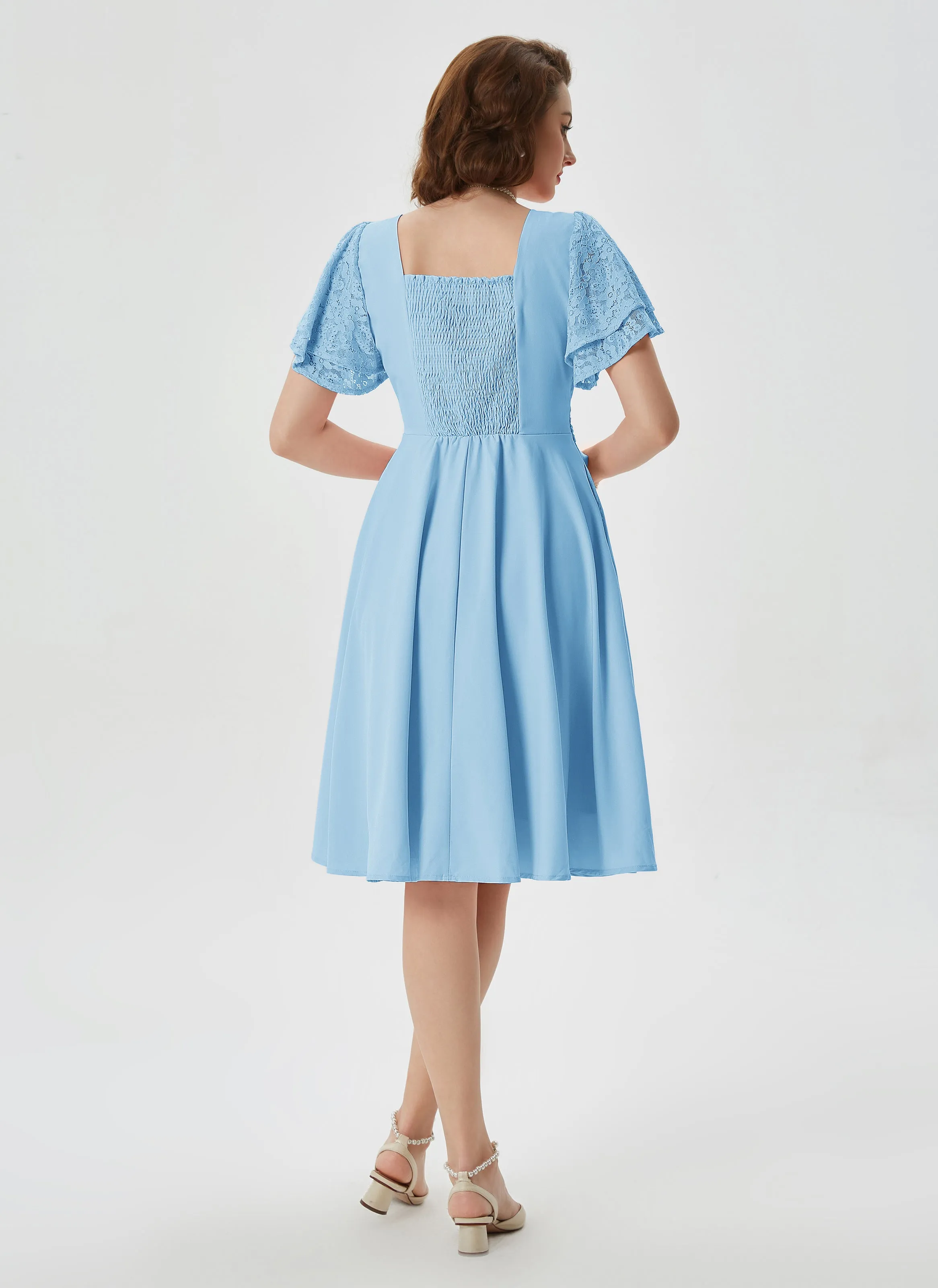 Summer Short Puff Sleeve Cocktail Floral Patterns Dress Vintage V-Neck A Line Swing Dresses with Belts