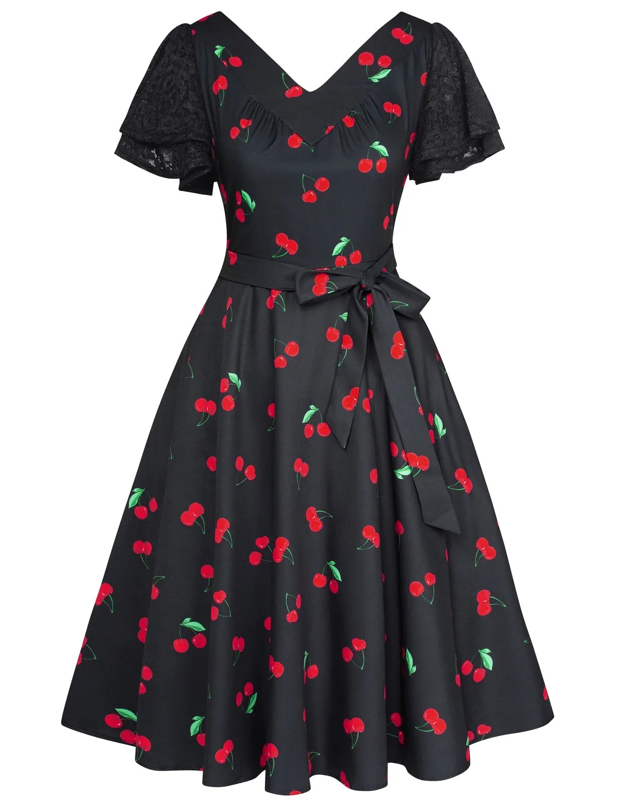 Summer Short Puff Sleeve Cocktail Floral Patterns Dress Vintage V-Neck A Line Swing Dresses with Belts