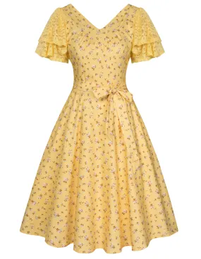 Summer Short Puff Sleeve Cocktail Floral Patterns Dress Vintage V-Neck A Line Swing Dresses with Belts