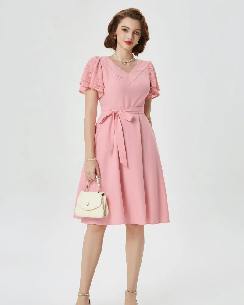 Summer Short Puff Sleeve Cocktail Floral Patterns Dress Vintage V-Neck A Line Swing Dresses with Belts