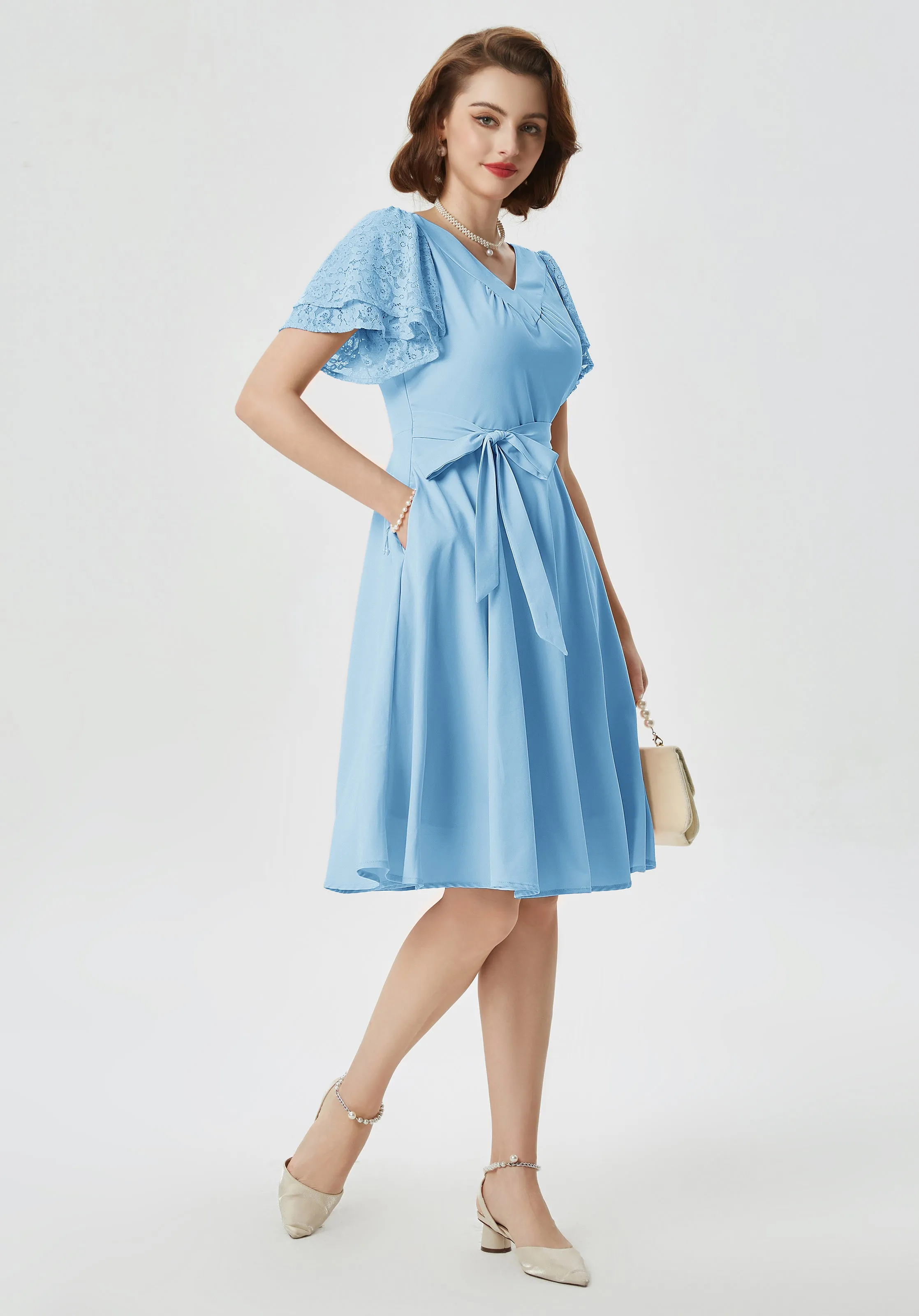 Summer Short Puff Sleeve Cocktail Floral Patterns Dress Vintage V-Neck A Line Swing Dresses with Belts