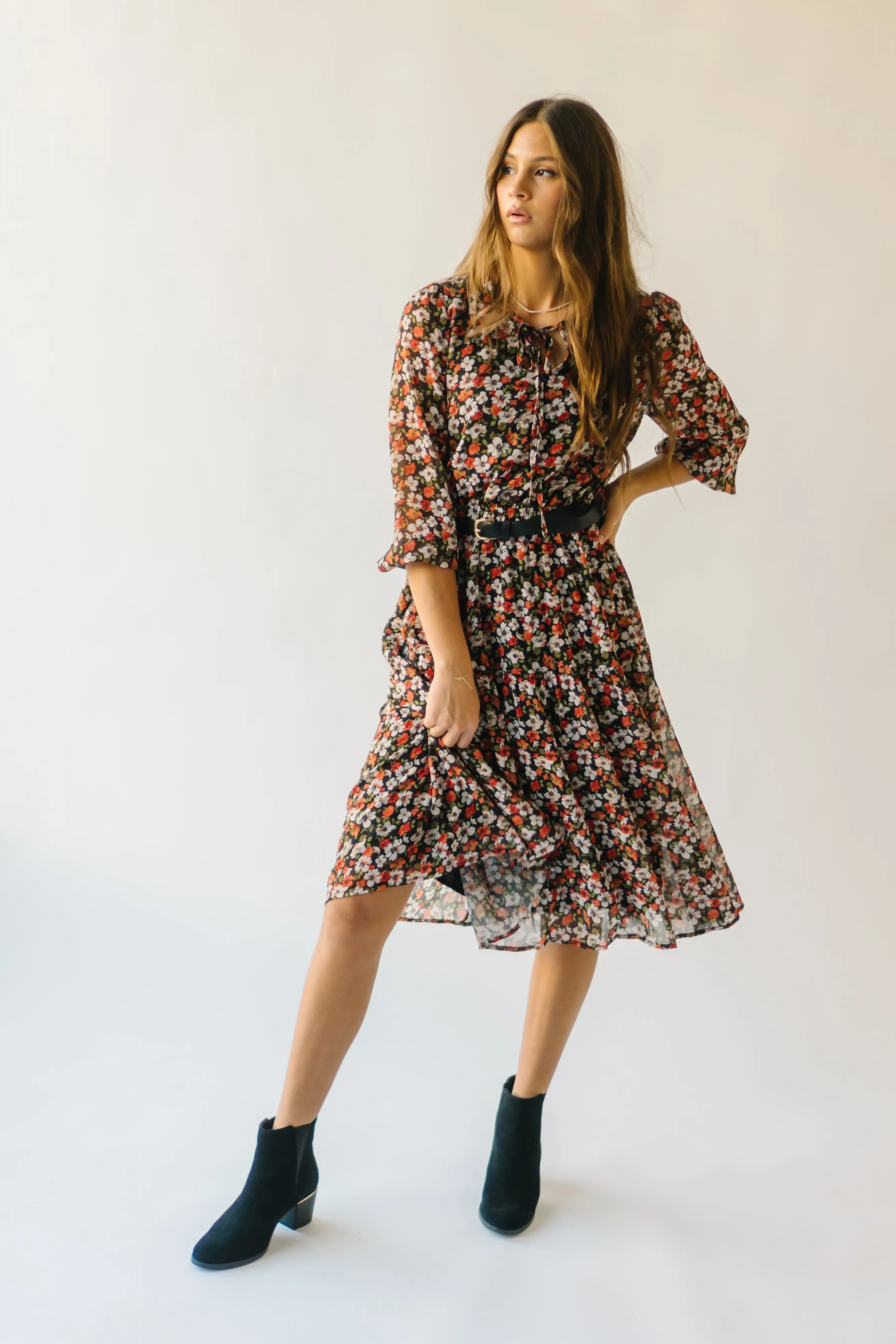 The Paulson Belted Midi Dress in Black Multi