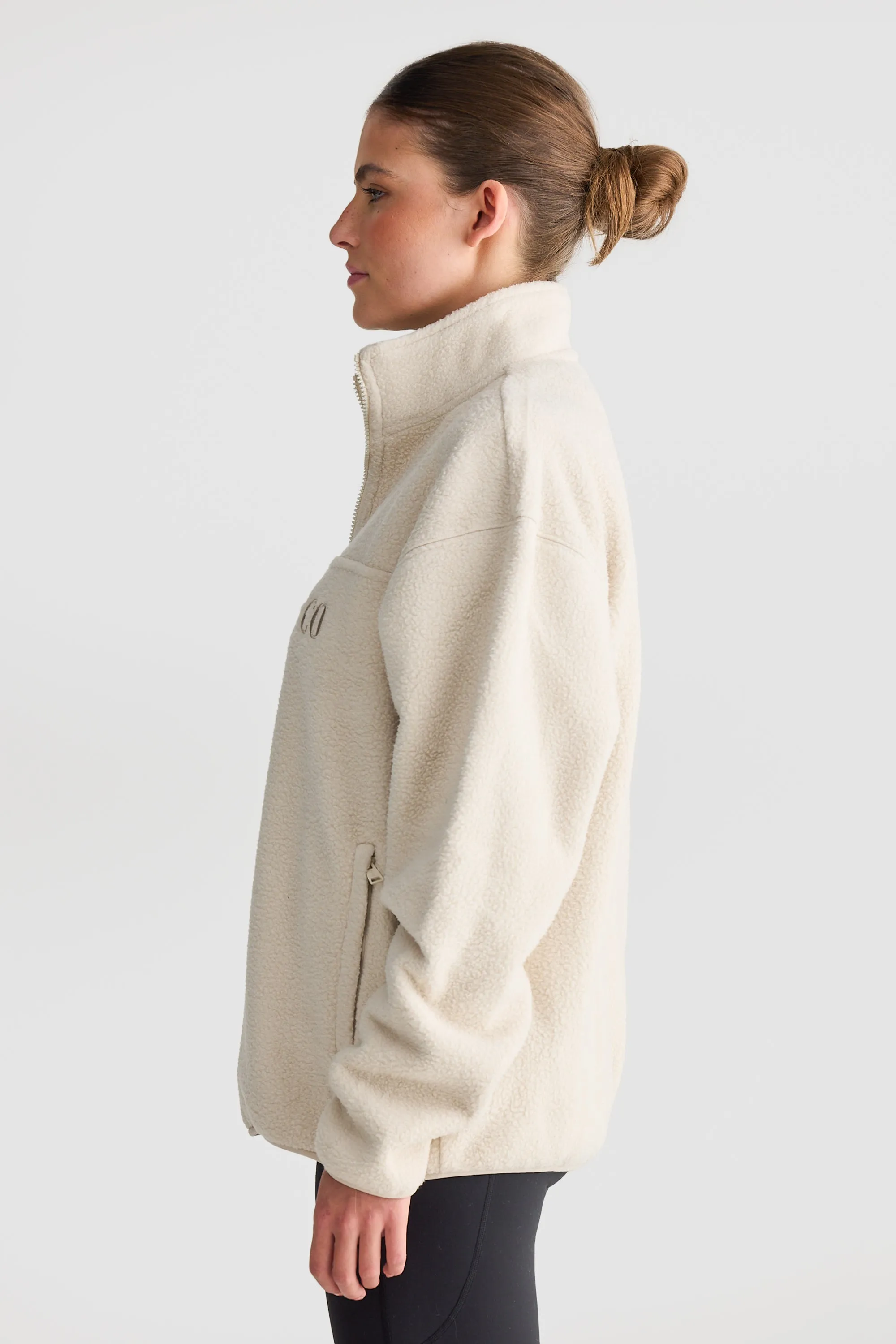 Unisex Sherpa Fleece Logo Quarter Zip Natural