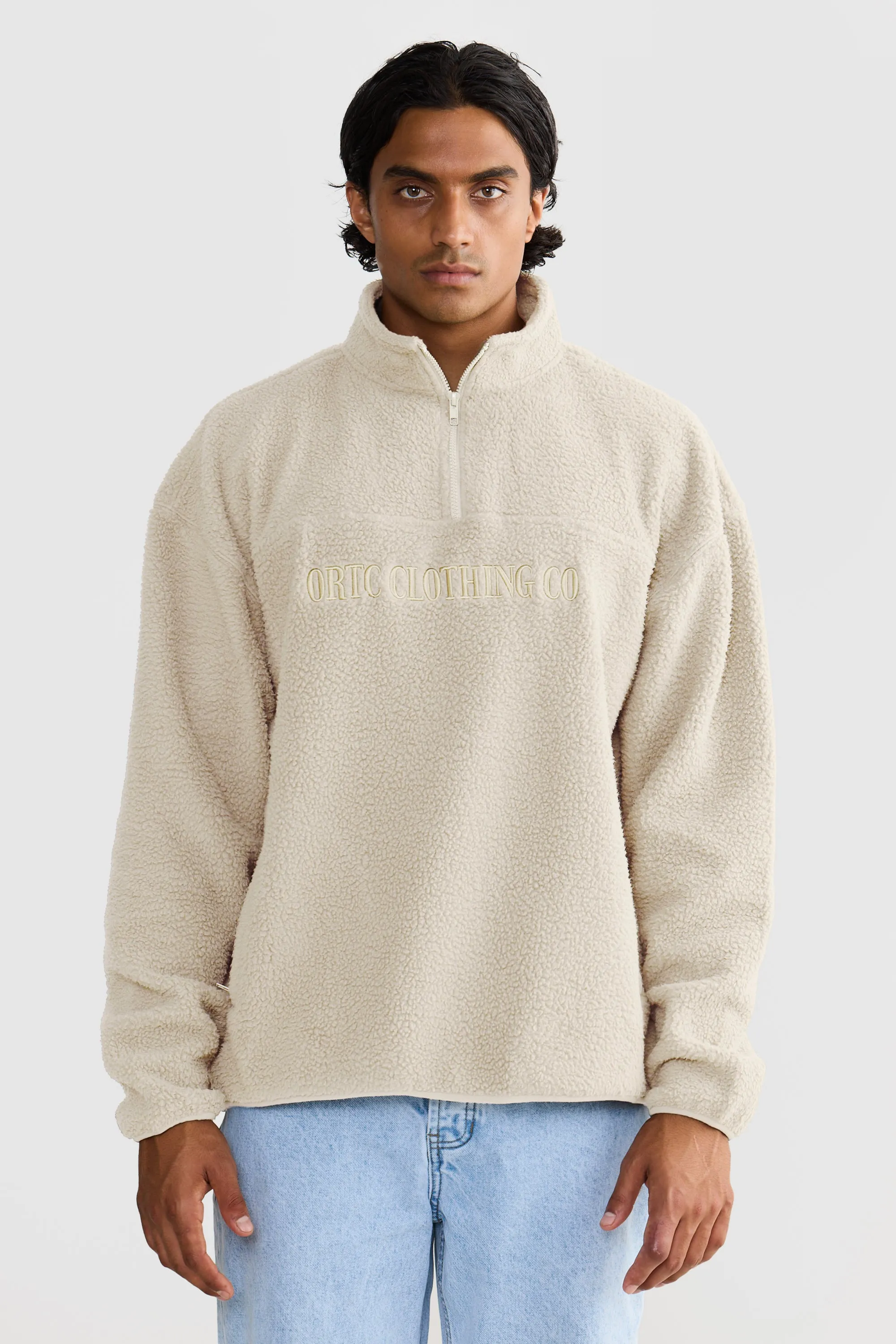 Unisex Sherpa Fleece Logo Quarter Zip Natural