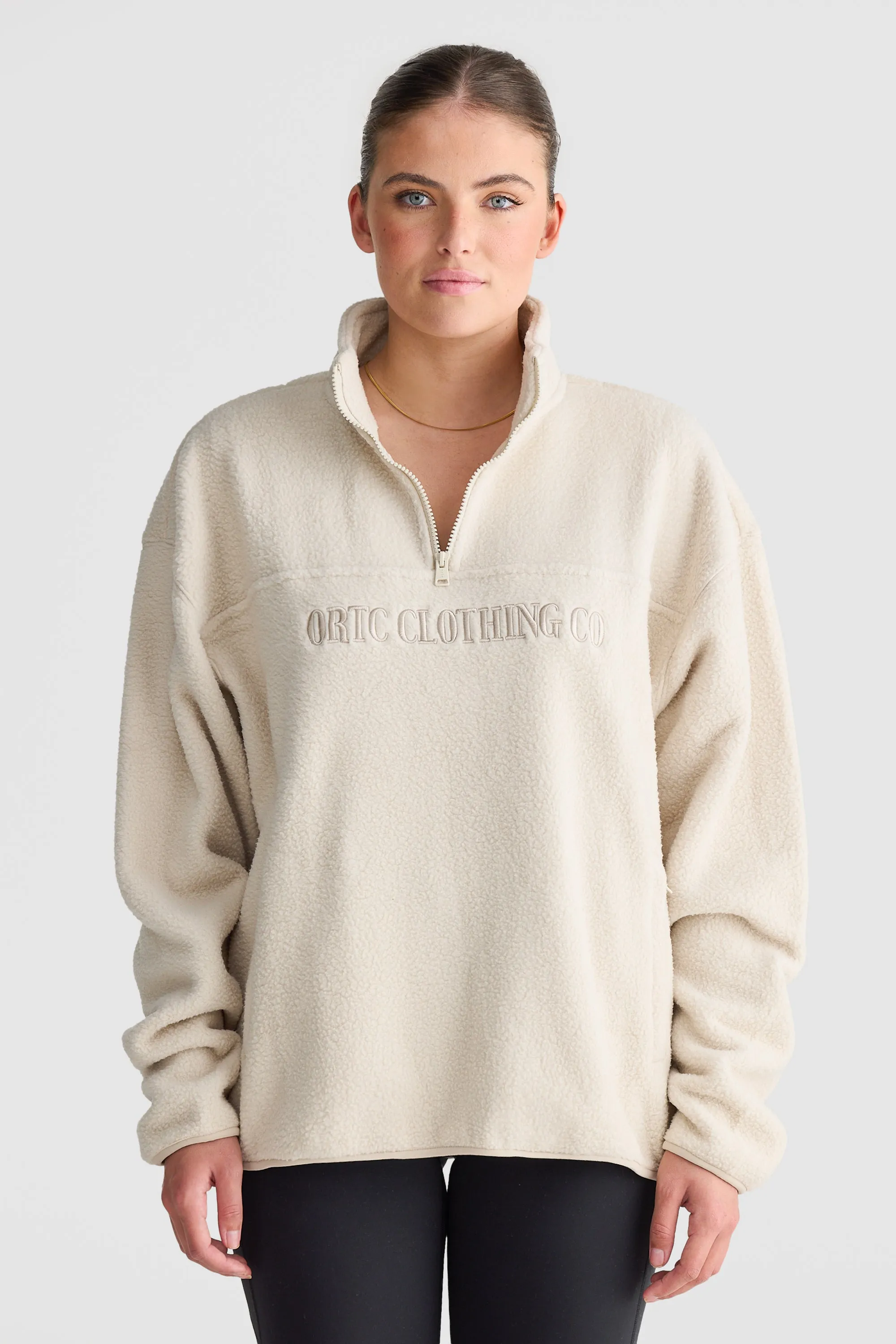 Unisex Sherpa Fleece Logo Quarter Zip Natural