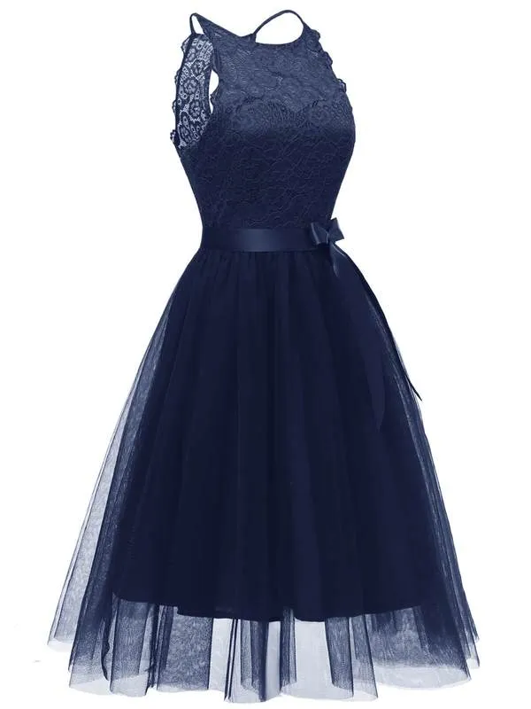 [US Warehouse] Blue 1950s Lace Belted Bow Swing Dress