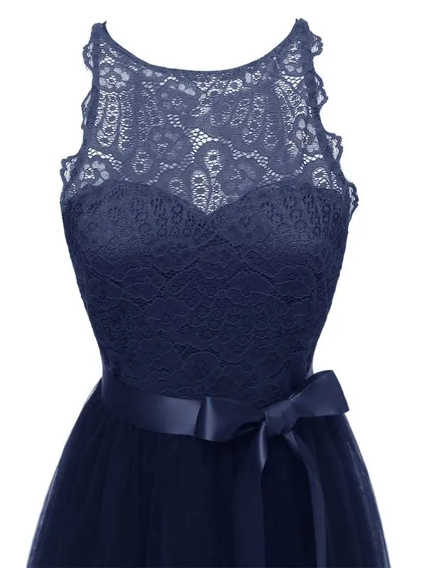 [US Warehouse] Blue 1950s Lace Belted Bow Swing Dress