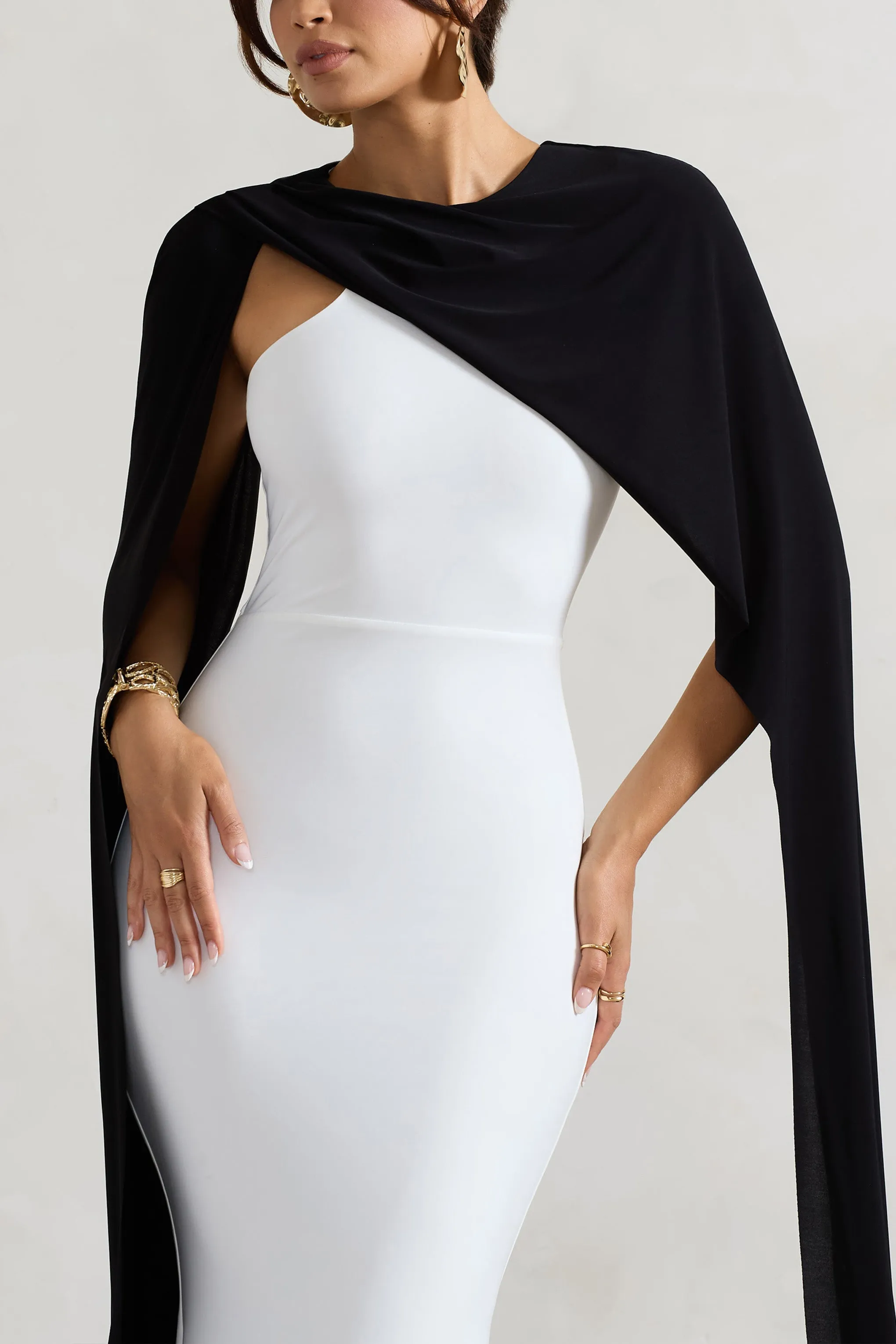 Vianna | White Strapless Maxi Dress With Black Cape