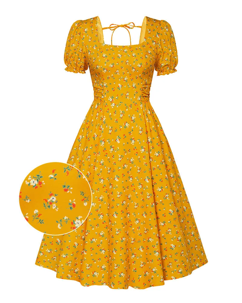 Vintage Floral Print Cocktail Dresses Square Neck Puff Sleeve Dress with Pockets