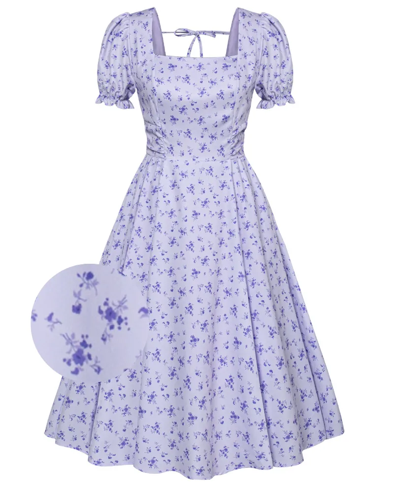 Vintage Floral Print Cocktail Dresses Square Neck Puff Sleeve Dress with Pockets