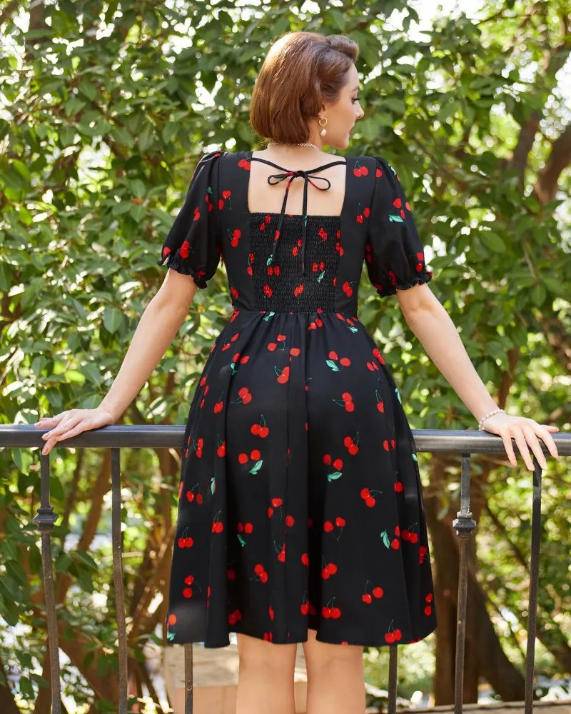 Vintage Floral Print Cocktail Dresses Square Neck Puff Sleeve Dress with Pockets