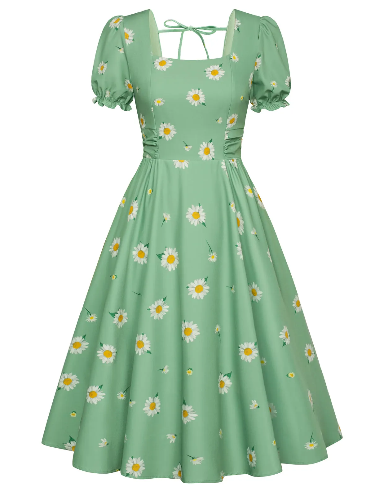 Vintage Floral Print Cocktail Dresses Square Neck Puff Sleeve Dress with Pockets