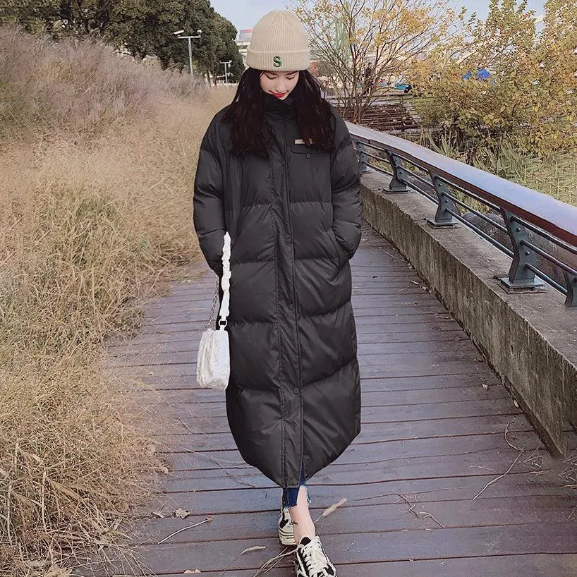 Women Beige Stand Up Collar Quilted Puffer Coat Black Oversize Winter Parka Coat