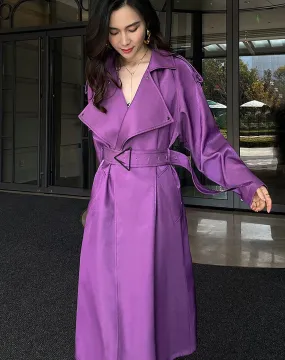 Women Purple Oversize Belted Long Trench Coat