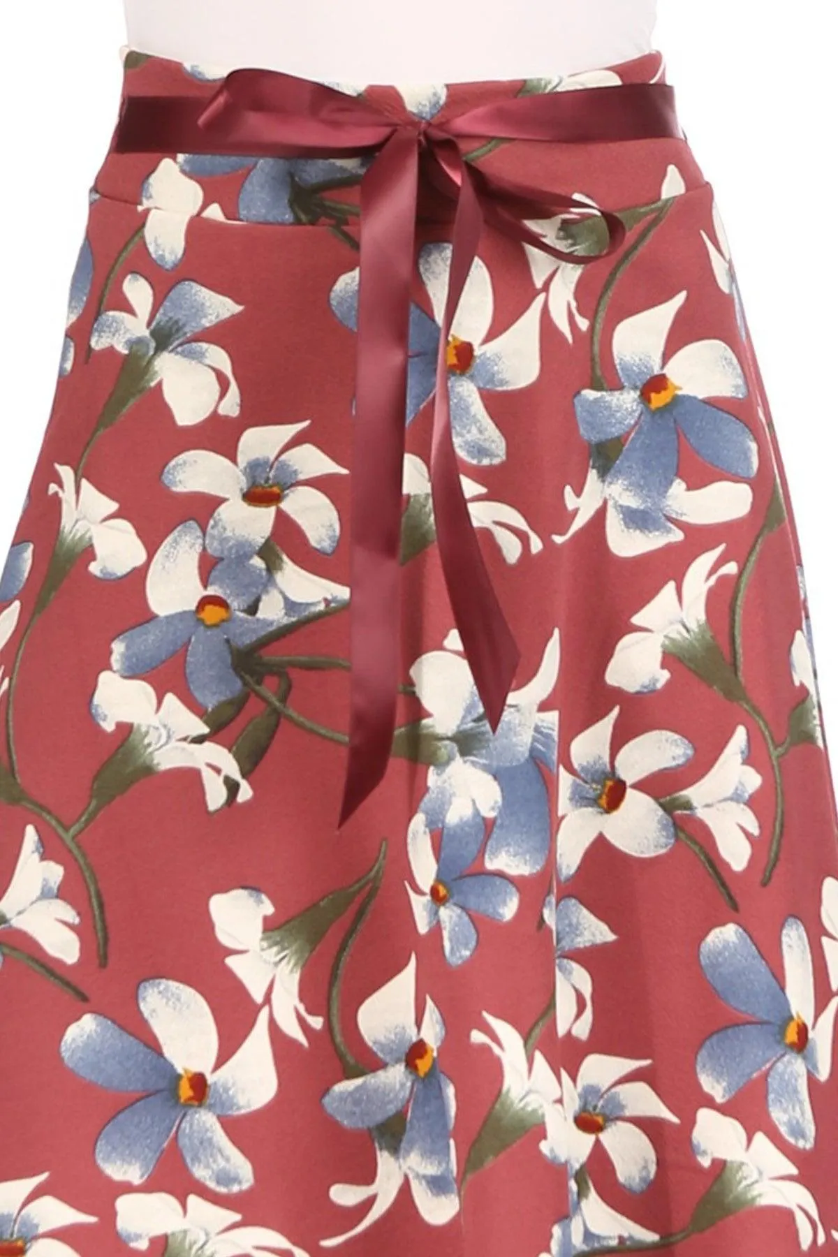 Women's Casual Floral A-line Printed High Waist Bow Tie Belted Knee Length Midi Skirt