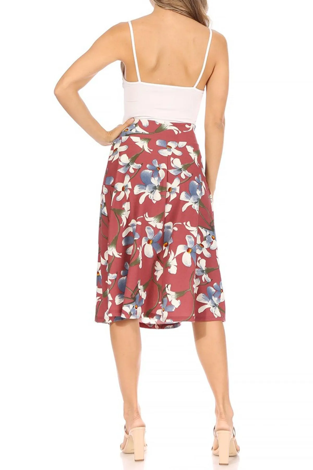 Women's Casual Floral A-line Printed High Waist Bow Tie Belted Knee Length Midi Skirt