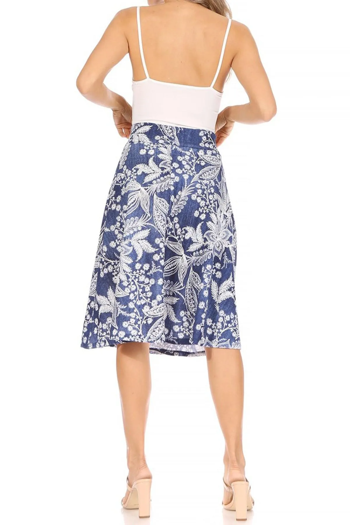 Women's Casual Floral A-line Printed High Waist Bow Tie Belted Knee Length Midi Skirt