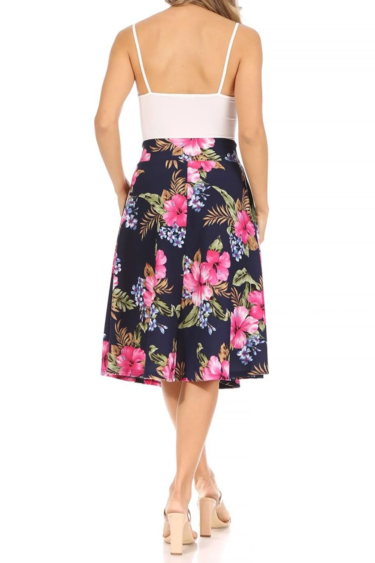 Women's Casual Floral A-line Printed High Waist Bow Tie Belted Knee Length Midi Skirt