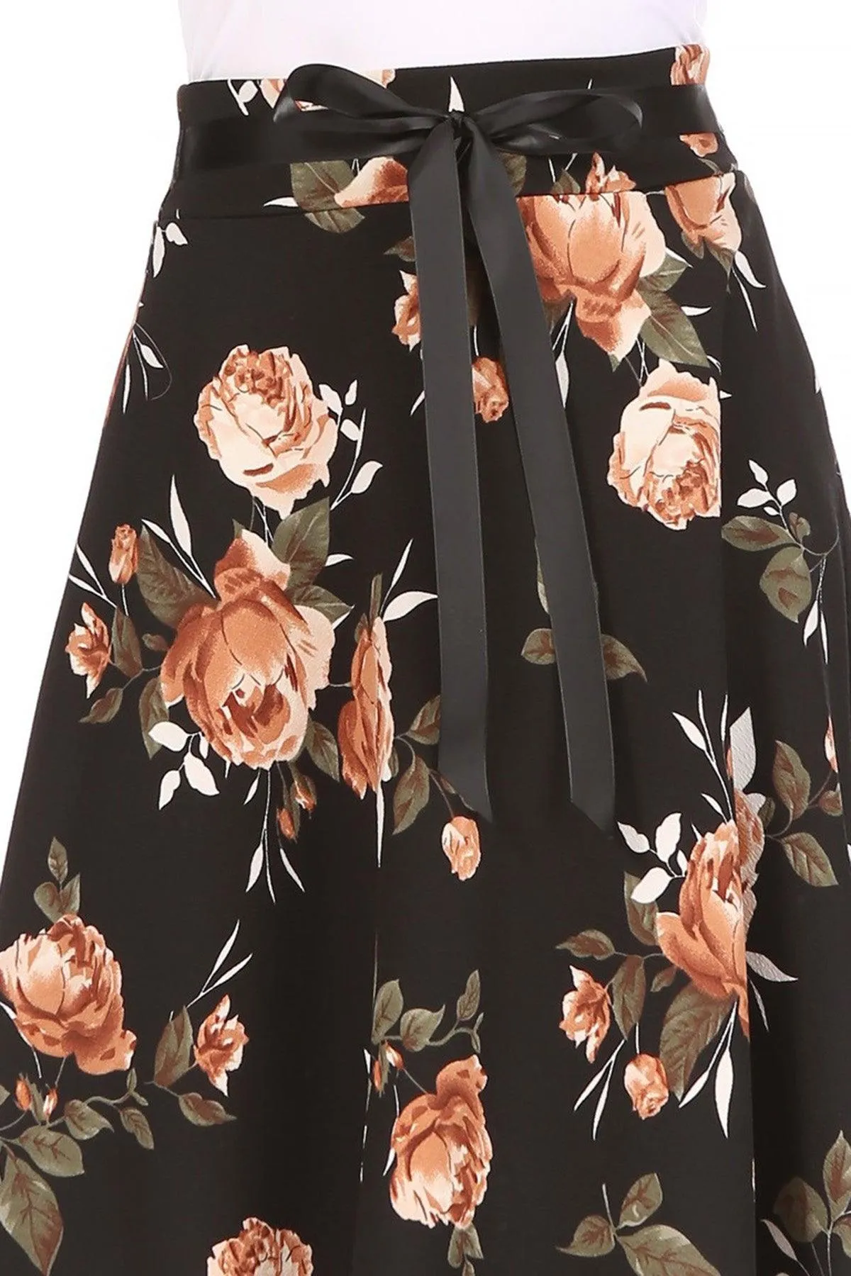 Women's Casual Floral Printed A Line High Waist Ribbon Belted Knee Length Midi Skirt