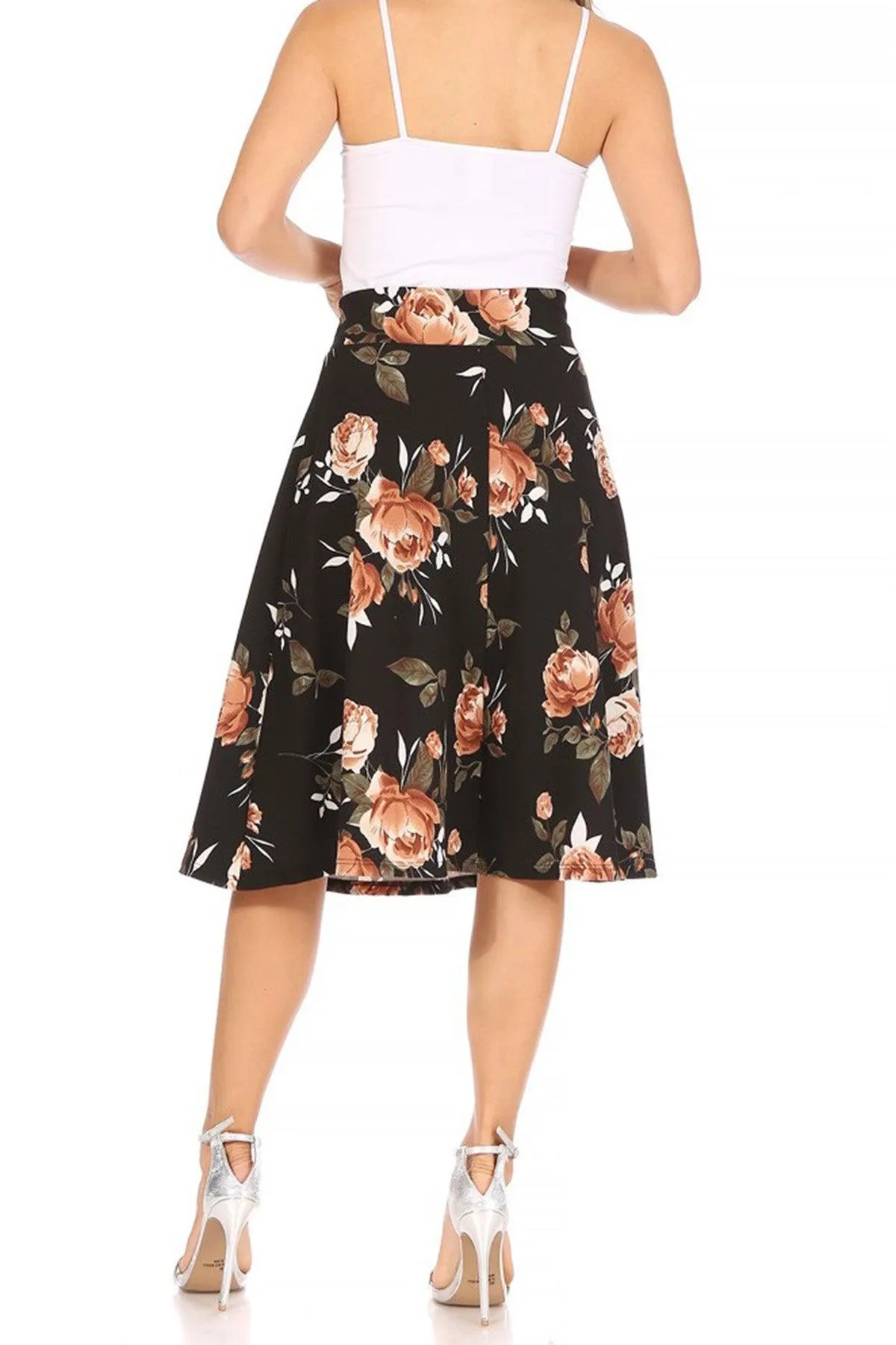 Women's Casual Floral Printed A Line High Waist Ribbon Belted Knee Length Midi Skirt