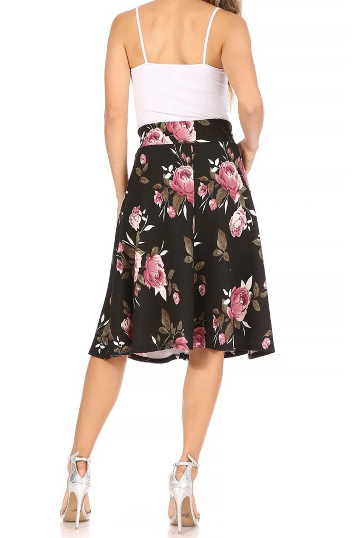 Women's Casual Floral Printed A Line High Waist Ribbon Belted Knee Length Midi Skirt