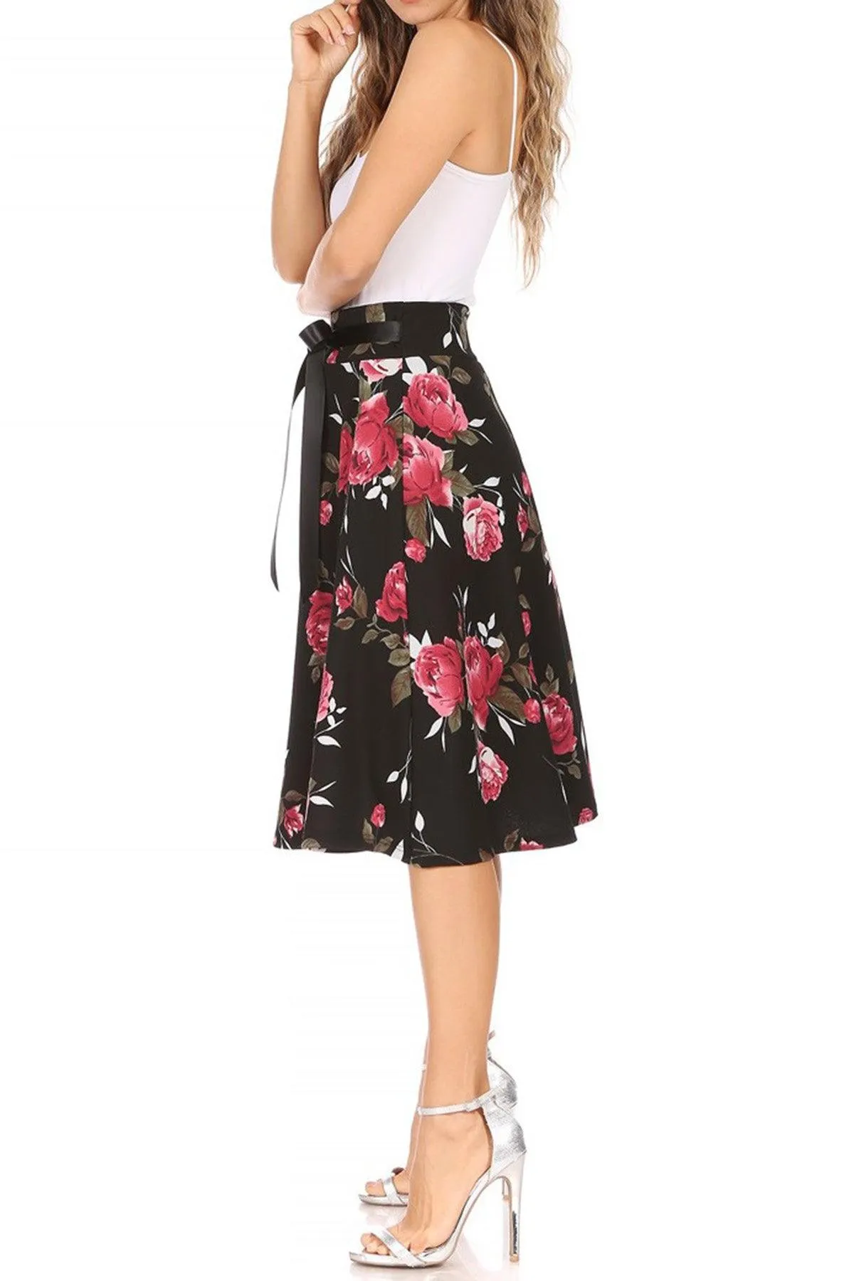 Women's Casual Floral Printed A Line High Waist Ribbon Belted Knee Length Midi Skirt