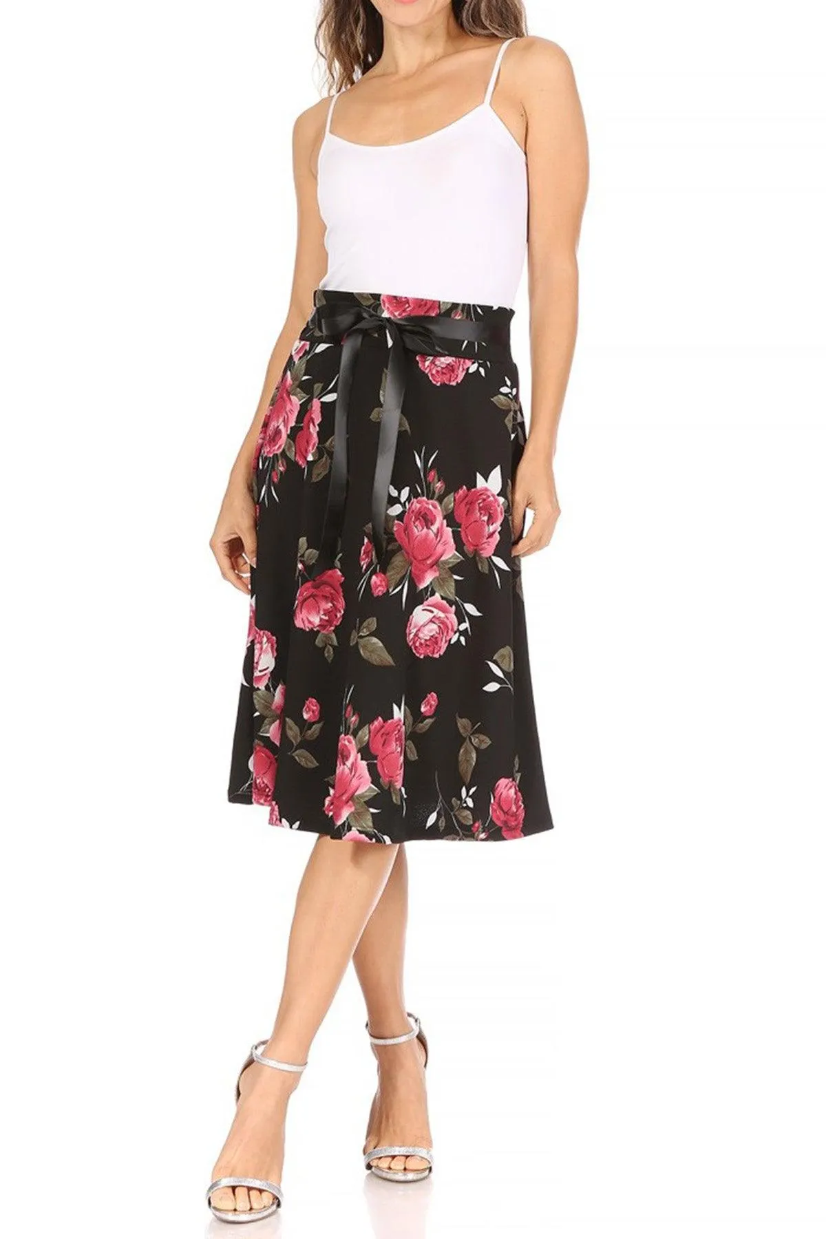 Women's Casual Floral Printed A Line High Waist Ribbon Belted Knee Length Midi Skirt